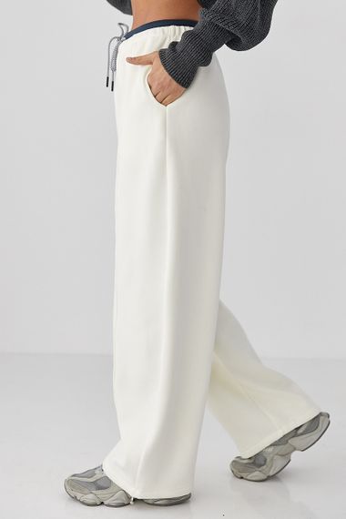 Теплі спортивні штани палаццо з подвійним поясом - молочний цвет, XL (є розміри) | Зображення 4