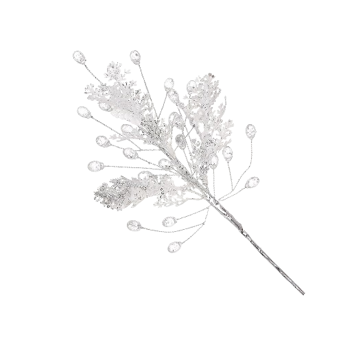Декор Гілка хвої з акриловими краплями 23см білий із срібним глітером БОНА ДИ