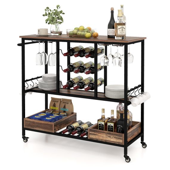 Сервировочный столик-тележка Costway WineCart с винной стойкой и ящиками лофт коричневый | Зображення 3