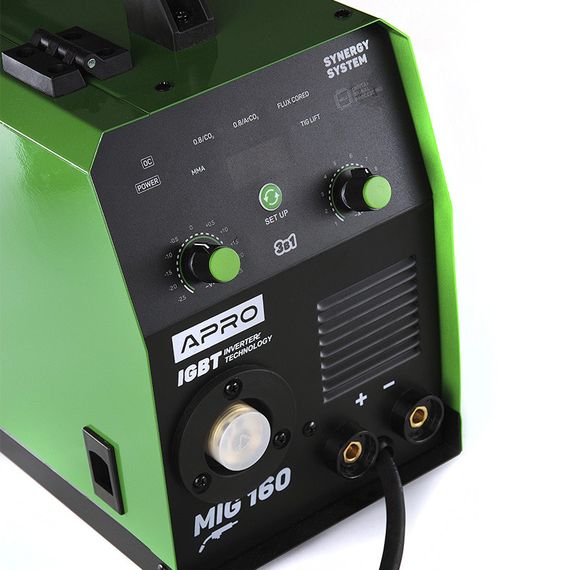 Сварочный полуавтомат инверторный APRO MIG-160, 20-160А, ел.4мм, пр.0.8-1мм 5кг 2.5+1.5+3м (набор кабелей) | Зображення 4