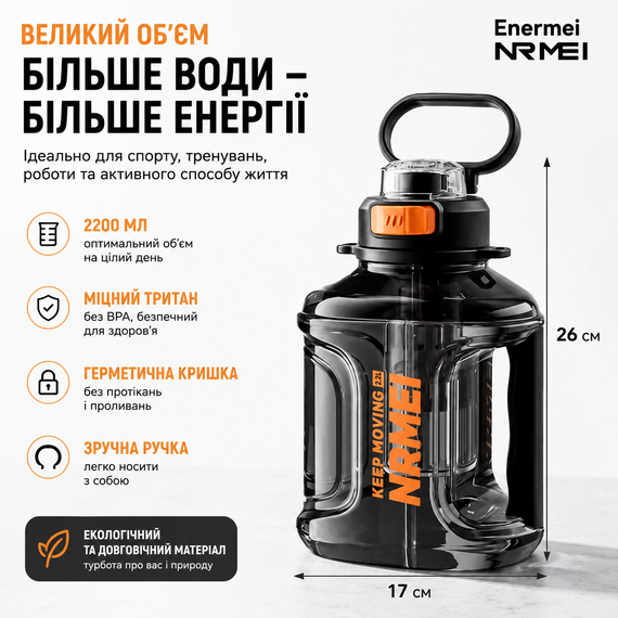 Пляшка для води NRMEI 2200 мл (2,2 л.)  з Тритану: Спортивна, Герметична, з Ручкою та Ремінцем, Чорна прозора | Зображення 6