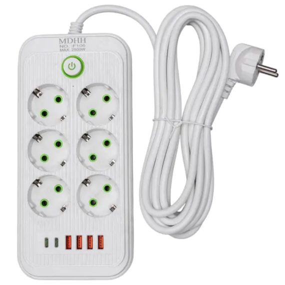 Мережевий фільтр-подовжувач 6 розеток 4xUSB-A 2xUSB-C 5м білий  HP-5-53 | Зображення 1