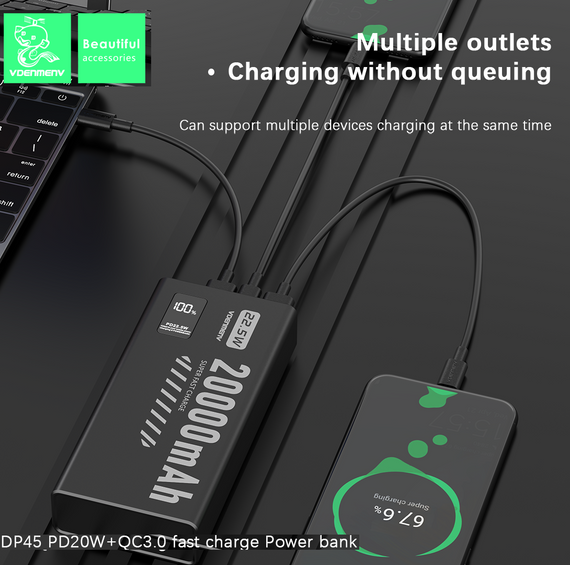 Павербанк DENMEN DP45 20000 мАг 22.5W Fast Charge з LED дисплеєм, 3 виходи, швидка зарядка PD/QC, чорний | Зображення 3