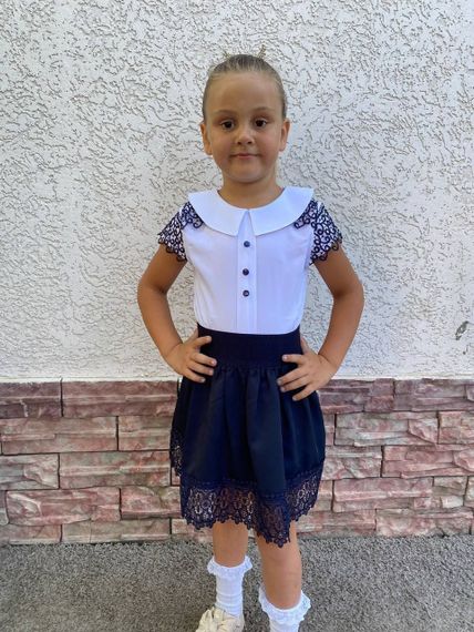 Детская школьная юбка на девочку с кружевом и высокой посадкой цвет темно-синий размер 122, SBR325 | Зображення 3