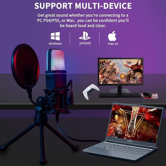Игровой микрофон для ПК и приставки с RGB подстветкой / Микрофон конденсаторный с поп-фильтром на подставке для блоггеров | Зображення 6