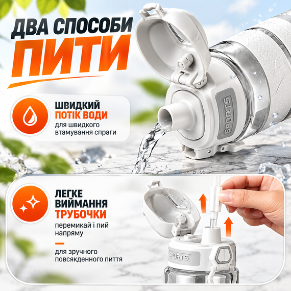 Спортивная бутылка KANGZYUAN 700 мл Белая Tritan BPA-free ударопрочная с антискользящим грипом и трубочкой | Зображення 1
