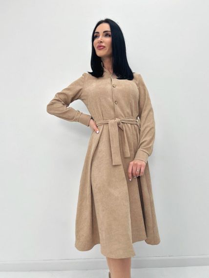 Женское модное вельветовое платье миди с поясом GF08575 цвет бежевый, размер 50/52 | Зображення 3