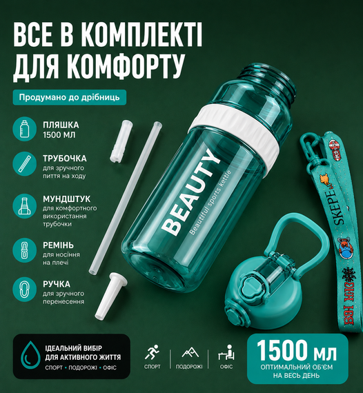 Спортивная бутылка для воды Beauty 1500 мл (1.5 л) с ручкой, трубочкой и ремнем. Голубая | Зображення 4