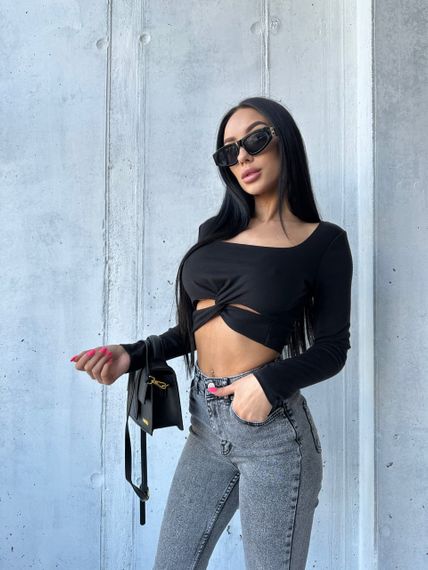 Женская короткая кофта кроп-топ с перекрещенными планками NA2000 цвет черный, размер 46/48 | Зображення 1