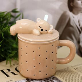 Кружка керамічна з кришкою та ложкою Bear 400 мл (коривневий)