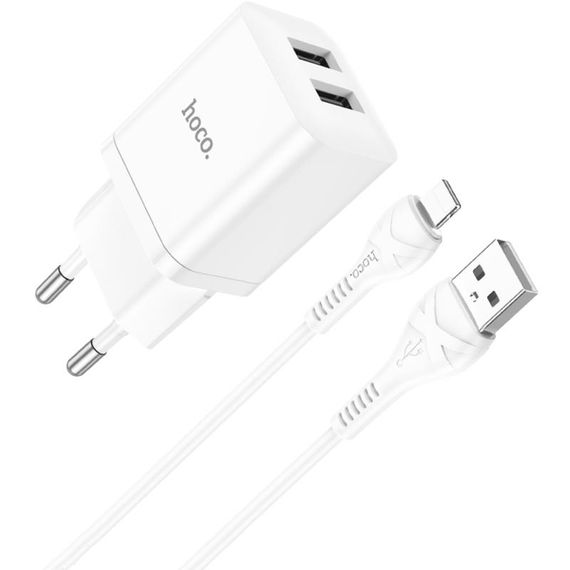 МЗП Hoco N25 Maker (2USB-A) + USB to Lightning White | Зображення 2