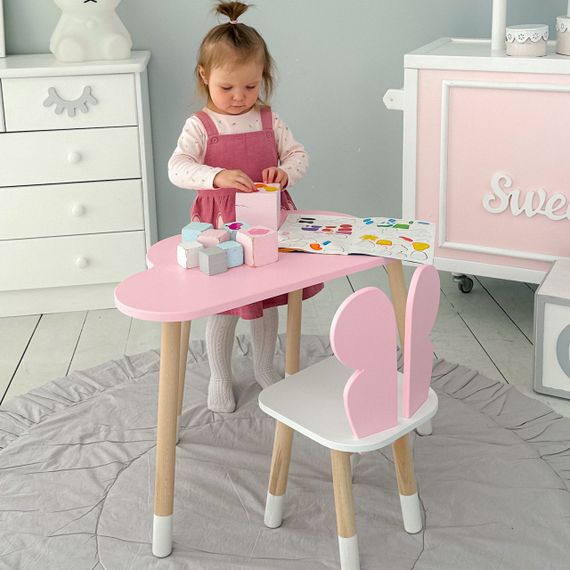 Стіл хмарка і стільчик метелик дитячий рожевий з білим сидінням. Столик для занять, ігор, їжі | Зображення 1