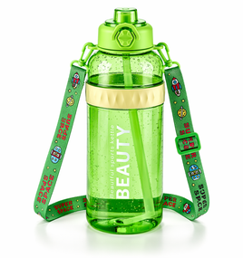 Бутылка Beauty 1500 мл для активного отдыха с трубочкой и стильным ремнем Салатовая