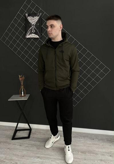 Комплект 3 в 1 Демісезонний спортивний костюм TNF кофта на змійці хакі + чорні штани (двонитка) + Футболка хакі TNF | Зображення 1