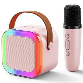 Портативная колонка с караоке микрофоном и RGB подсветкой K12 10W Bluetooth. Цвет: розовый