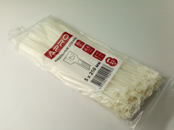 Хомут пластиковий APRO 250х5 (100 шт. в уп.) білий, 1 ПАКОВКА (CT-W5250)