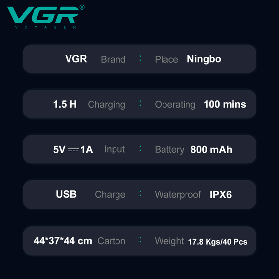 Электробритва VGR V-355 шейвер, двойное лезвие, выдвижной триммер, LED дисплей | Зображення 1