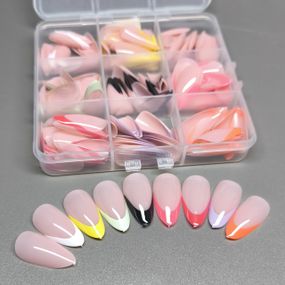 Гелевые типсы для наращивания френч 216шт (микс цветов миндаль) в боксе