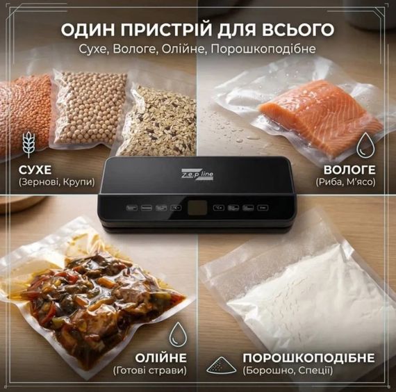 Вакууматор Zepline ZP-00373 бытовой вакуумный упаковщик с пакетами для сухих и влажных продуктов 200 Вт Черный | Зображення 2