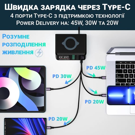 Багатопортова мережева зарядна станція з бездротовою зарядкою Addap MCS-X9D, 4 порти Type-C + 4 USB-A | QC3.0, PD4.0, 110W | Зображення 6