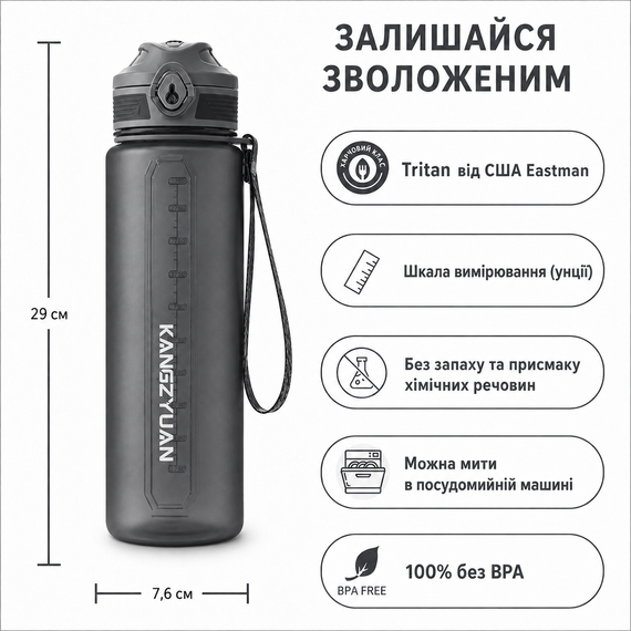 Бутылка KANGZYUAN 500 мл - Черная Tritan BPA-free, ударопрочная, спортивная с герметичной крышкой | Зображення 2