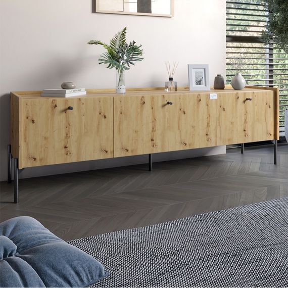 Тумба під телевізор на 3 шухляди LION Wood з чорними ніжками 160х65х40 см Дуб Артизан (LION-043098)