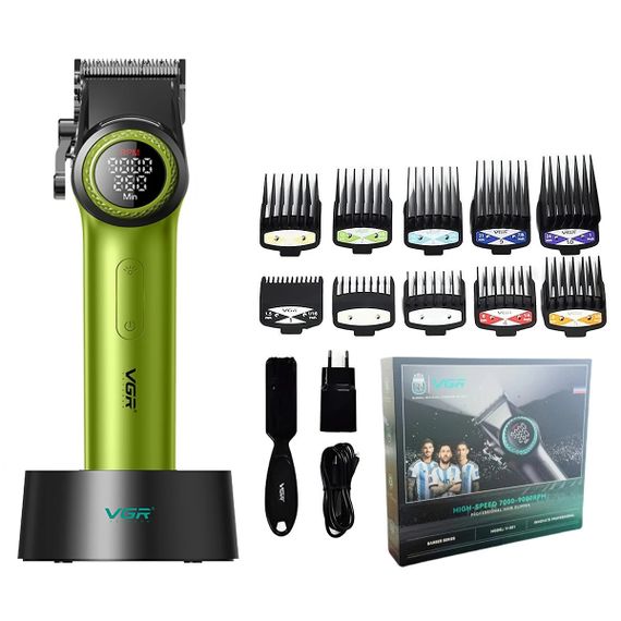 Професійна машинка для стрижки волосся VGR V-001 з дисплеєм 9000 об/хв та 10 насадками. Колір: зелений | Зображення 2