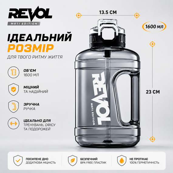 Спортивная бутылка для воды REVOL MRTI 1.6 л (1600 мл) с соломинкой и ручкой, черная прозрачная, с защитой от протечек | Зображення 6