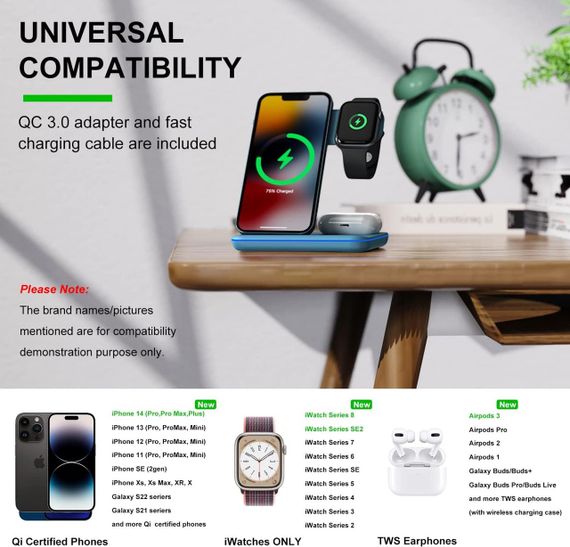 Бездротова зарядна станція 3в1 Minthouz, 18W, для iPhone, Apple Watch, AirPods, QC3.0, Type-C, синя | Зображення 1