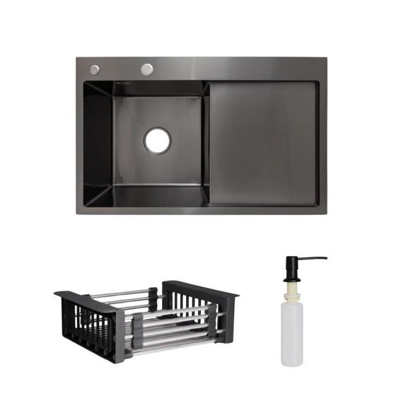 Комплект Lidz Handmade H7849BR Мийка для кухні інтегрована крило праворуч BlackPVD у комплекті з дозатором + Lidz K01B Кошик