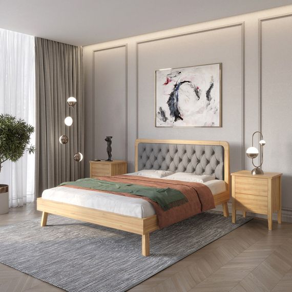 Двоспальне дерев'яне ліжко Mebigrand Токіо Горіх світлий/Аляска 93 (Сірий) 140х190 см (MBG-4834)