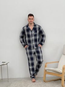 Піжама чоловіча COSY з фланелі (штани+сорочка) клітина темно синій/сірий