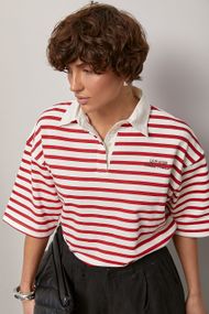 Футболка-поло у смужку - червоний цвет, S (є розміри)