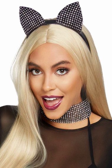 Гламурний набір «Кішка» зі стразами: чокер та вушка Leg Avenue Cat ear headband & choker set , Чорно-сірий, One Size