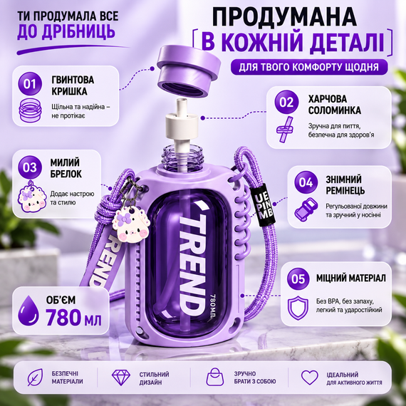 Пляшка для води TREND 780 мл з трубочкою та ремінцем, компактна спортивна пляшка для дітей і дорослих, фіолетова | Зображення 6