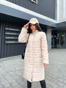 Женская демисезонная стильная удлиненная куртка-пальто стеганая PA2041 цвет бежевый, размер 46/48