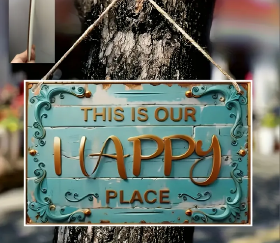 Табличка  кругла / постер  ( дерево) "This is our HAPPY place"  декор  12,7*20