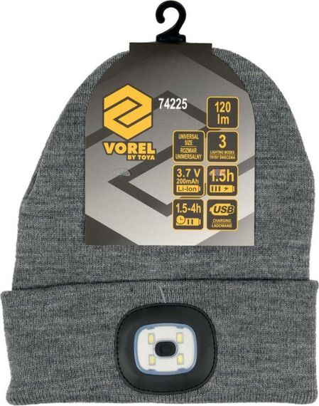 Шапка зимняя с фонариком аккумулятор 3,7В USB зарядка серая VOREL-74225 | Зображення 7