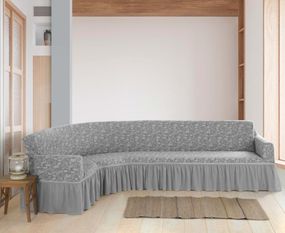 Жакардовий чохол на кутовому диван Roza з спідницею Світло-сірий