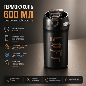 Термокухоль 600 мл з нержавіючої сталі 316 чорний – вакуумний термос з кнопкою, герметичний, для кави та чаю