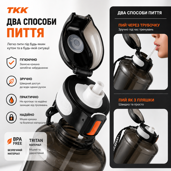 Спортивная бутылка TKK 2300 мл (2.3 л) : ударопрочный Tritan BPA-free, с ручкой и клапаном, Черная | Зображення 4