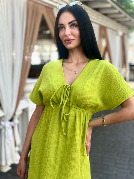 Жіноча довга літня сукня з мусліну легка із завищеною талією розмір 54/56 колір гірчичний GF58774 | Зображення 2