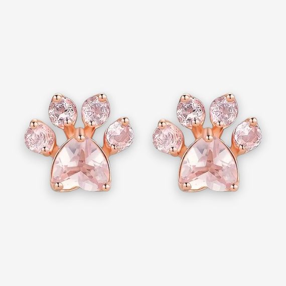 Сережки-цвяшки, відбиток котячої лапки, рожеві кристали, рожеве золото, 1 см
