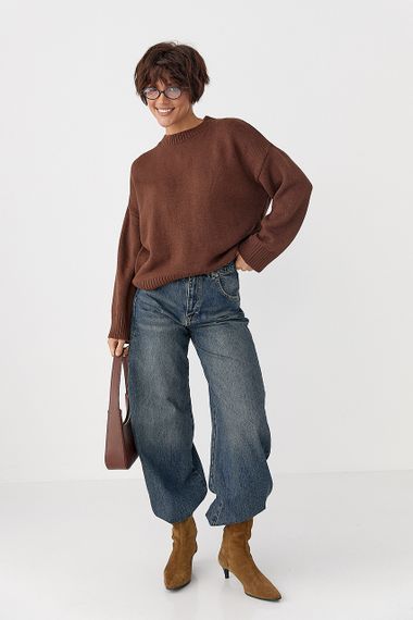 В'язана однотонна кофта вільного фасону - темно-коричневий цвет, L (є розміри) | Зображення 2