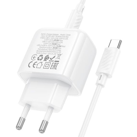 Набір СЗУ HOCO CS54A+кабель Type-C/Type-C, 1xUSB+1xUSB-C, PD20W+QC3.0, кабель 1м | Зображення 6