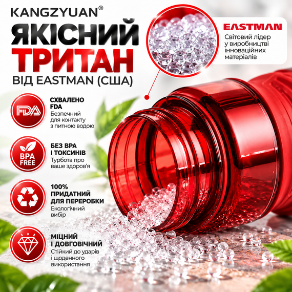Бутылка для воды KANGZYUAN 650 мл спортивная красная Tritan BPA Free ударопрочная с эргономичной крышкой и ремешком | Зображення 6