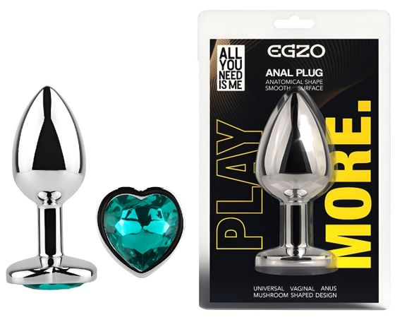 Анальна пробка з кристалом EGZO - Silver Heart Plug Marine size S sexstyle