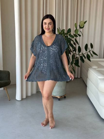 Пляжна коротка сіра туніка PLUS SIZE тоненька в'язка | Зображення 1