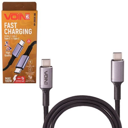 Кабель VOIN Type C - Type C 5А/20V, QC4.0/PD 2m, black (швидка зарядка / передача даних)