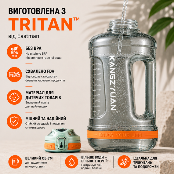 Бутылка для воды 2200 мл KANGZYUAN из тритана без BPA зеленая | Зображення 2